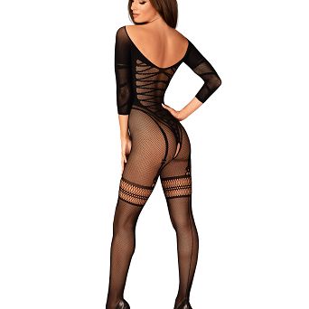 Czarne, geometryczne bodystocking G329 XL/XXL. Kuszący i przykuwający uwagę dekolt.