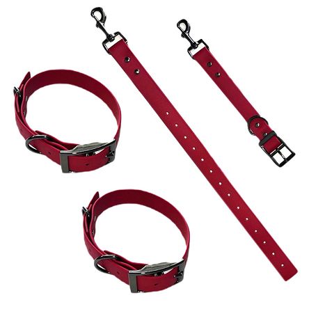 Kajdanki na nogi BDSM z łącznikiem. Regulowane, czerwone, do bondage.